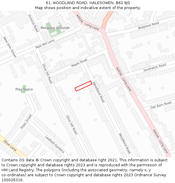 61, WOODLAND ROAD, HALESOWEN, B62 8JS: Location map and indicative extent of plot