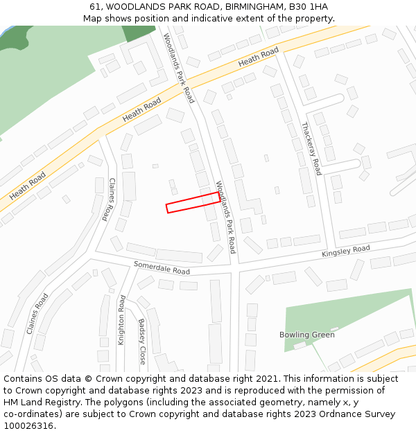 61, WOODLANDS PARK ROAD, BIRMINGHAM, B30 1HA: Location map and indicative extent of plot