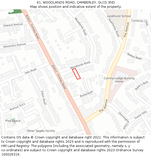 61, WOODLANDS ROAD, CAMBERLEY, GU15 3ND: Location map and indicative extent of plot