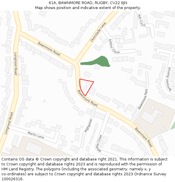 61A, BAWNMORE ROAD, RUGBY, CV22 6JN: Location map and indicative extent of plot