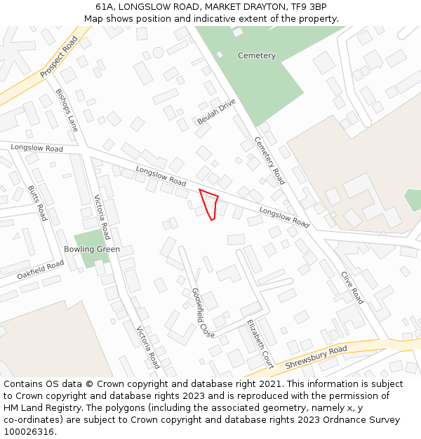 61A, LONGSLOW ROAD, MARKET DRAYTON, TF9 3BP: Location map and indicative extent of plot