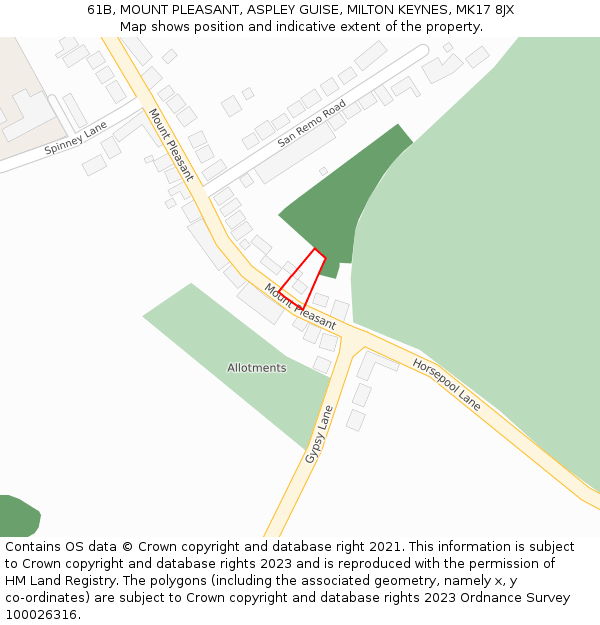 61B, MOUNT PLEASANT, ASPLEY GUISE, MILTON KEYNES, MK17 8JX: Location map and indicative extent of plot