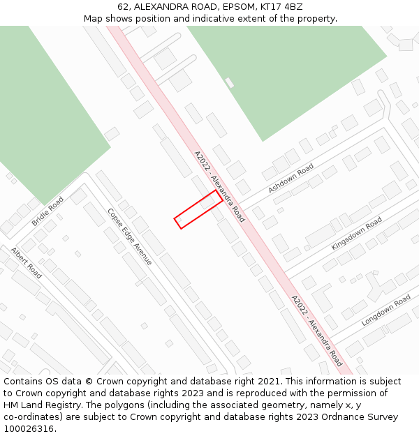 62, ALEXANDRA ROAD, EPSOM, KT17 4BZ: Location map and indicative extent of plot