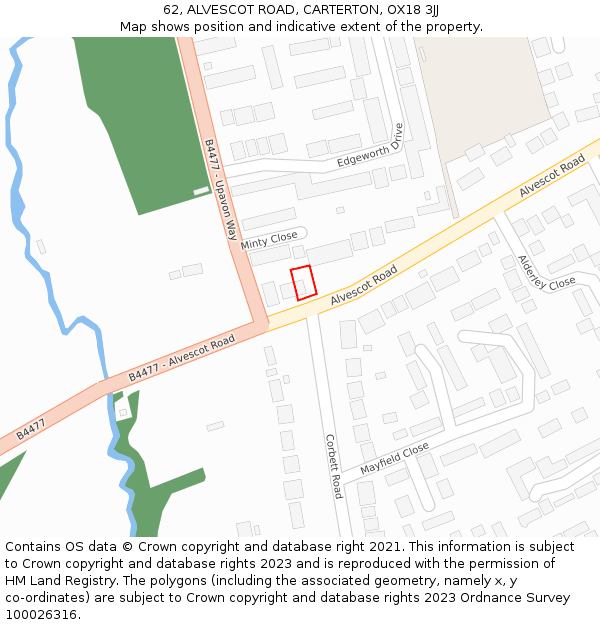 62, ALVESCOT ROAD, CARTERTON, OX18 3JJ: Location map and indicative extent of plot