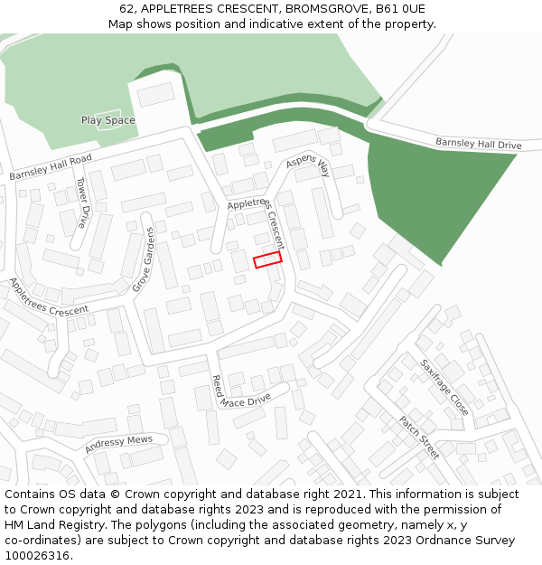 62, APPLETREES CRESCENT, BROMSGROVE, B61 0UE: Location map and indicative extent of plot