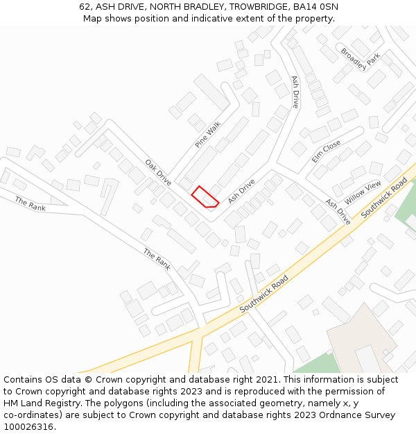 62, ASH DRIVE, NORTH BRADLEY, TROWBRIDGE, BA14 0SN: Location map and indicative extent of plot