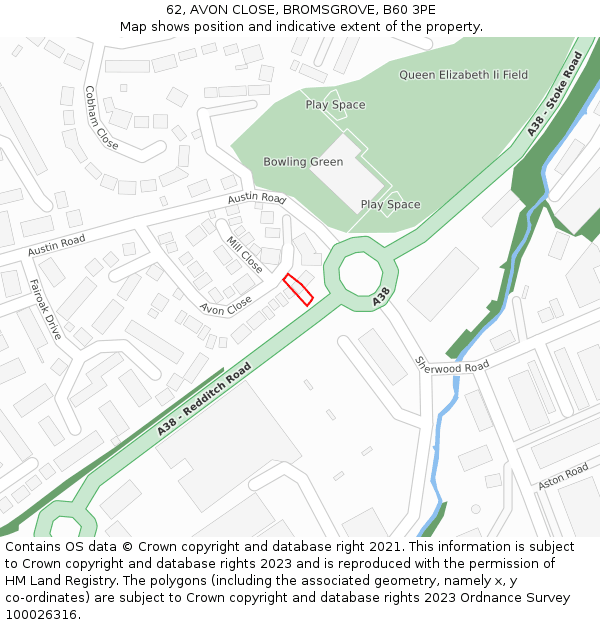 62, AVON CLOSE, BROMSGROVE, B60 3PE: Location map and indicative extent of plot