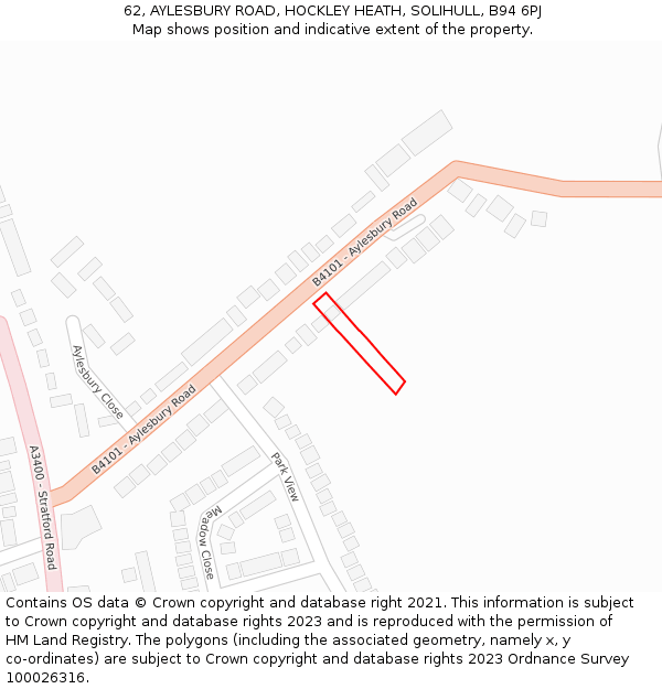62, AYLESBURY ROAD, HOCKLEY HEATH, SOLIHULL, B94 6PJ: Location map and indicative extent of plot