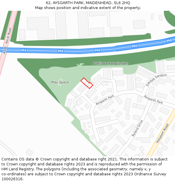 62, AYSGARTH PARK, MAIDENHEAD, SL6 2HQ: Location map and indicative extent of plot