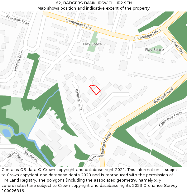 62, BADGERS BANK, IPSWICH, IP2 9EN: Location map and indicative extent of plot