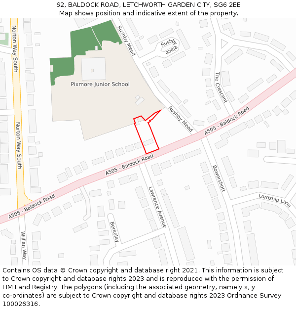 62, BALDOCK ROAD, LETCHWORTH GARDEN CITY, SG6 2EE: Location map and indicative extent of plot