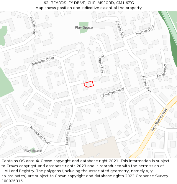 62, BEARDSLEY DRIVE, CHELMSFORD, CM1 6ZG: Location map and indicative extent of plot