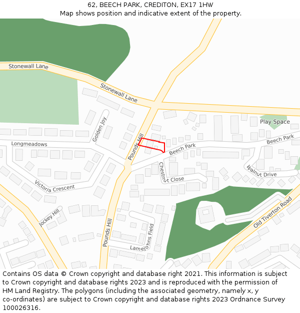 62, BEECH PARK, CREDITON, EX17 1HW: Location map and indicative extent of plot