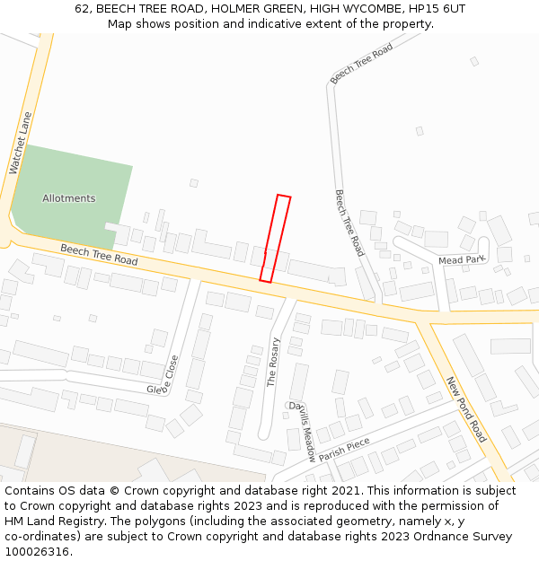 62, BEECH TREE ROAD, HOLMER GREEN, HIGH WYCOMBE, HP15 6UT: Location map and indicative extent of plot