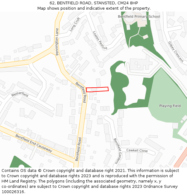 62, BENTFIELD ROAD, STANSTED, CM24 8HP: Location map and indicative extent of plot