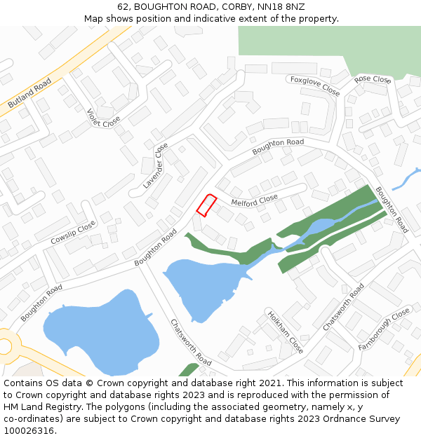 62, BOUGHTON ROAD, CORBY, NN18 8NZ: Location map and indicative extent of plot