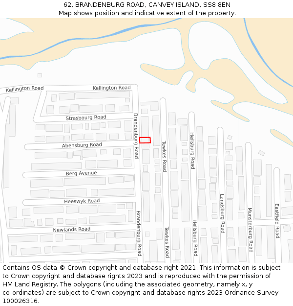 62, BRANDENBURG ROAD, CANVEY ISLAND, SS8 8EN: Location map and indicative extent of plot