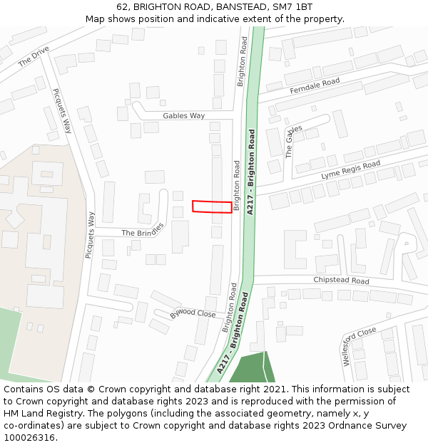 62, BRIGHTON ROAD, BANSTEAD, SM7 1BT: Location map and indicative extent of plot