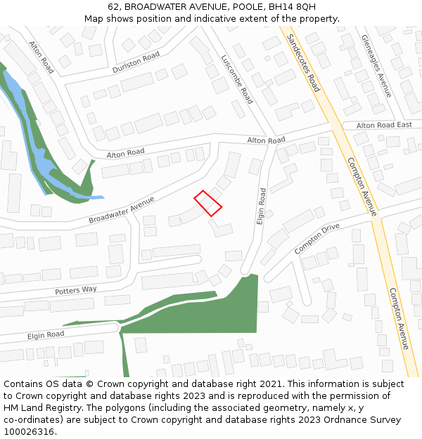 62, BROADWATER AVENUE, POOLE, BH14 8QH: Location map and indicative extent of plot