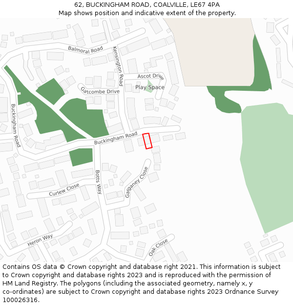 62, BUCKINGHAM ROAD, COALVILLE, LE67 4PA: Location map and indicative extent of plot