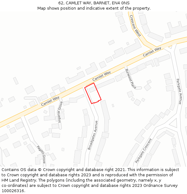 62, CAMLET WAY, BARNET, EN4 0NS: Location map and indicative extent of plot