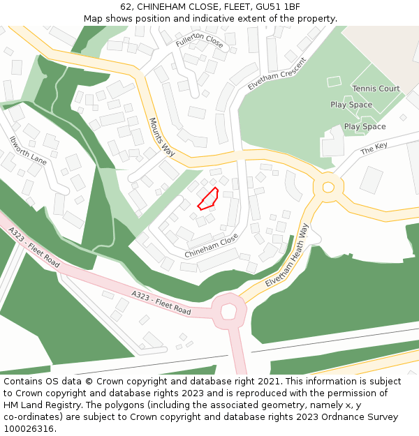 62, CHINEHAM CLOSE, FLEET, GU51 1BF: Location map and indicative extent of plot