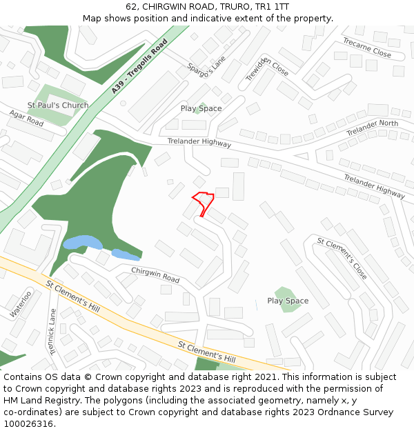 62, CHIRGWIN ROAD, TRURO, TR1 1TT: Location map and indicative extent of plot