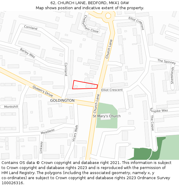 62, CHURCH LANE, BEDFORD, MK41 0AW: Location map and indicative extent of plot