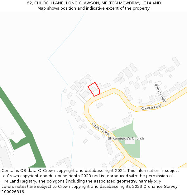 62, CHURCH LANE, LONG CLAWSON, MELTON MOWBRAY, LE14 4ND: Location map and indicative extent of plot