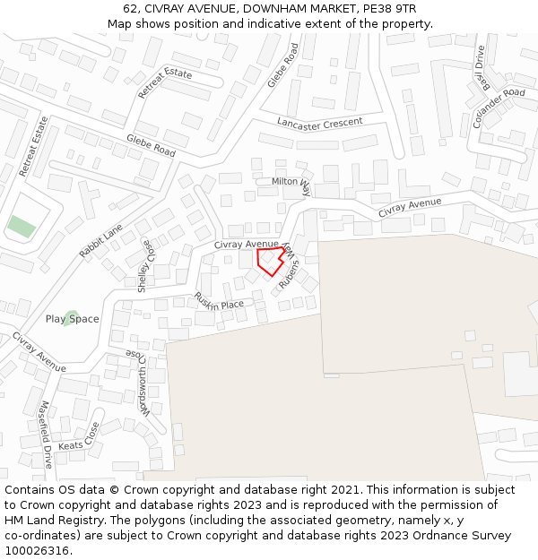 62, CIVRAY AVENUE, DOWNHAM MARKET, PE38 9TR: Location map and indicative extent of plot