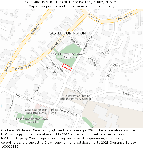 62, CLAPGUN STREET, CASTLE DONINGTON, DERBY, DE74 2LF: Location map and indicative extent of plot