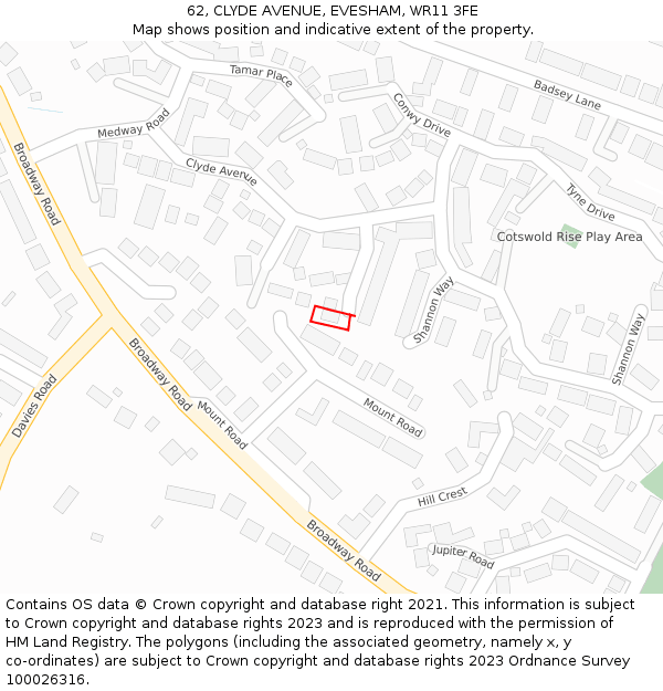 62, CLYDE AVENUE, EVESHAM, WR11 3FE: Location map and indicative extent of plot