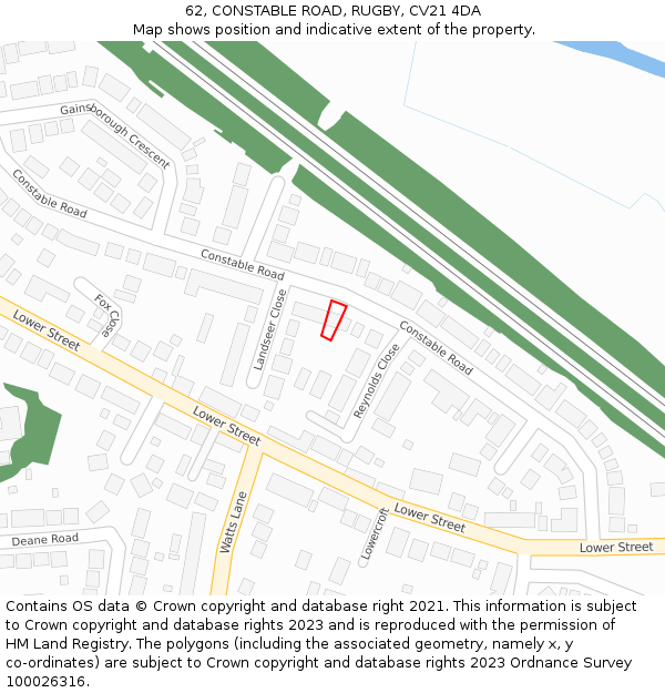 62, CONSTABLE ROAD, RUGBY, CV21 4DA: Location map and indicative extent of plot