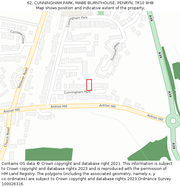 62, CUNNINGHAM PARK, MABE BURNTHOUSE, PENRYN, TR10 9HB: Location map and indicative extent of plot