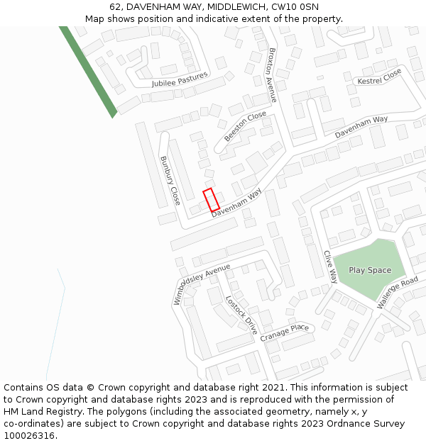 62, DAVENHAM WAY, MIDDLEWICH, CW10 0SN: Location map and indicative extent of plot