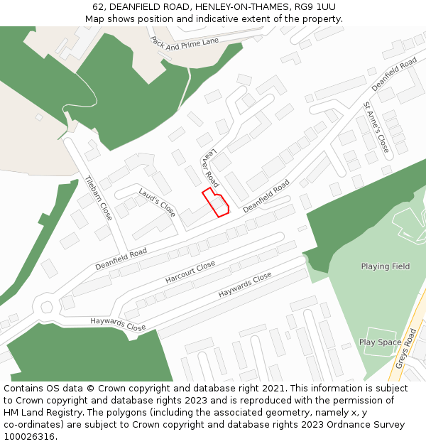 62, DEANFIELD ROAD, HENLEY-ON-THAMES, RG9 1UU: Location map and indicative extent of plot