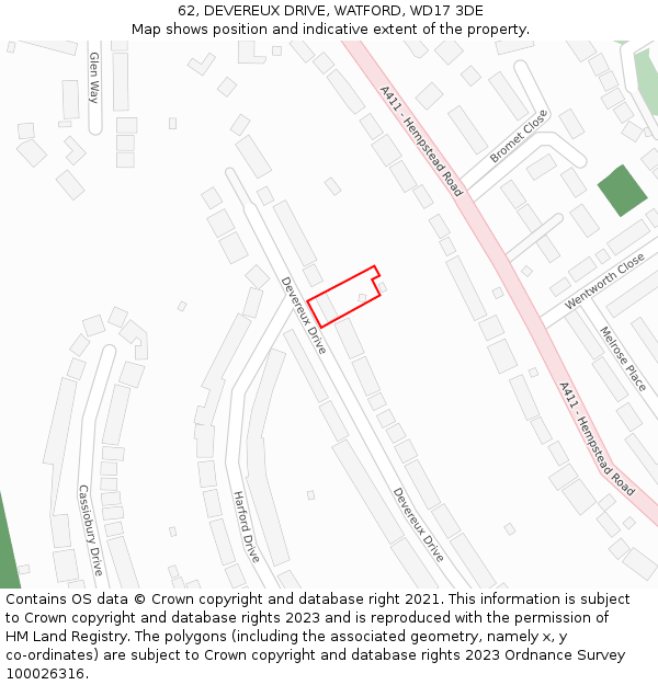 62, DEVEREUX DRIVE, WATFORD, WD17 3DE: Location map and indicative extent of plot