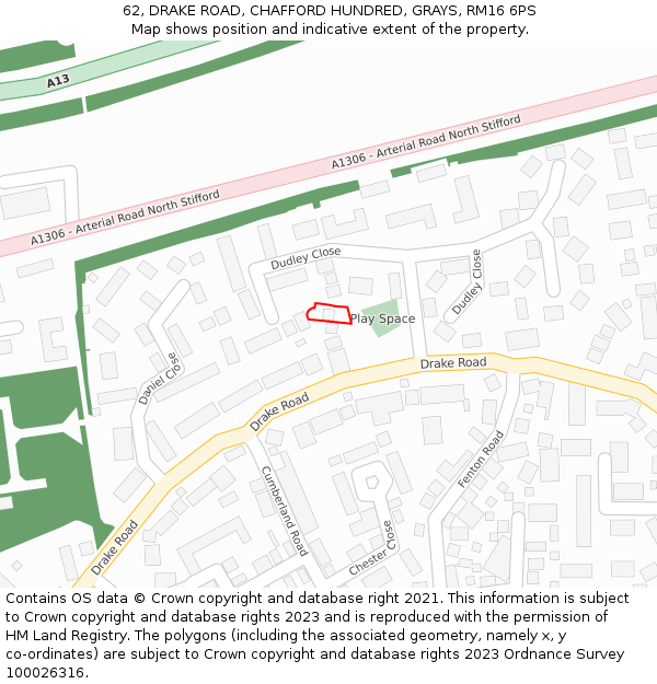 62, DRAKE ROAD, CHAFFORD HUNDRED, GRAYS, RM16 6PS: Location map and indicative extent of plot