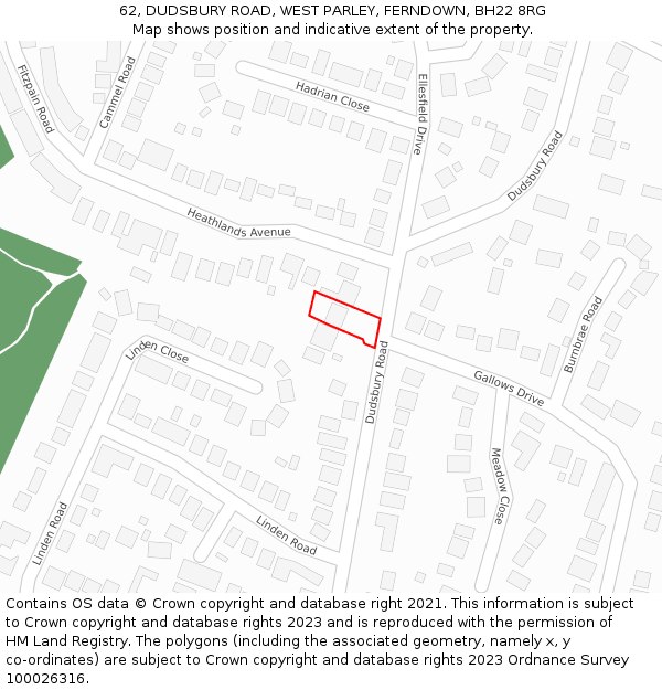 62, DUDSBURY ROAD, WEST PARLEY, FERNDOWN, BH22 8RG: Location map and indicative extent of plot