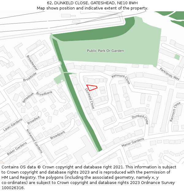 62, DUNKELD CLOSE, GATESHEAD, NE10 8WH: Location map and indicative extent of plot