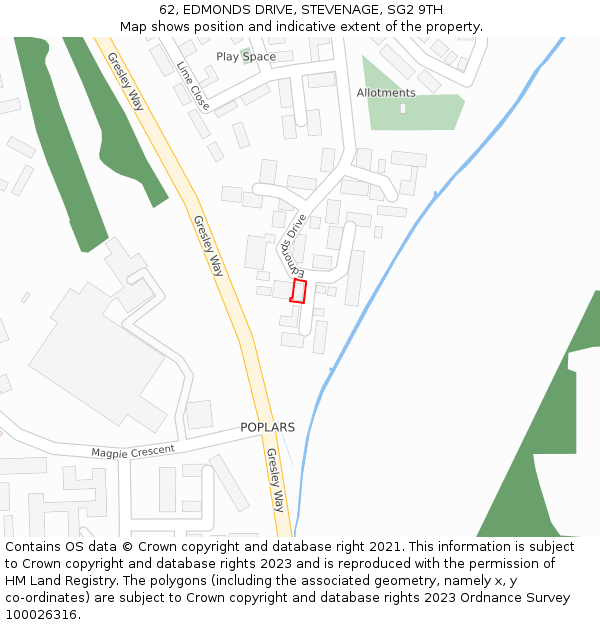 62, EDMONDS DRIVE, STEVENAGE, SG2 9TH: Location map and indicative extent of plot