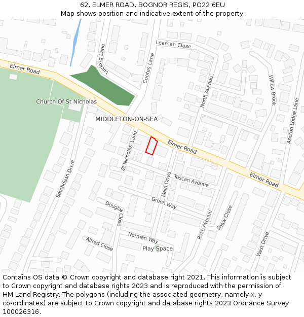 62, ELMER ROAD, BOGNOR REGIS, PO22 6EU: Location map and indicative extent of plot