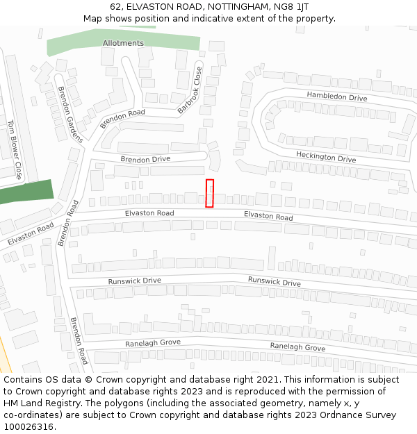 62, ELVASTON ROAD, NOTTINGHAM, NG8 1JT: Location map and indicative extent of plot