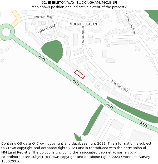 62, EMBLETON WAY, BUCKINGHAM, MK18 1FJ: Location map and indicative extent of plot