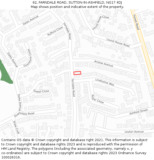 62, FARNDALE ROAD, SUTTON-IN-ASHFIELD, NG17 4DJ: Location map and indicative extent of plot