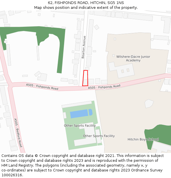 62, FISHPONDS ROAD, HITCHIN, SG5 1NS: Location map and indicative extent of plot