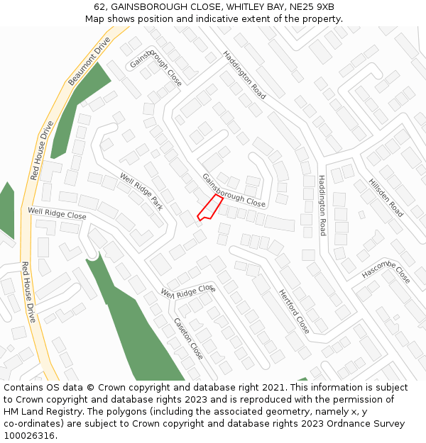 62, GAINSBOROUGH CLOSE, WHITLEY BAY, NE25 9XB: Location map and indicative extent of plot
