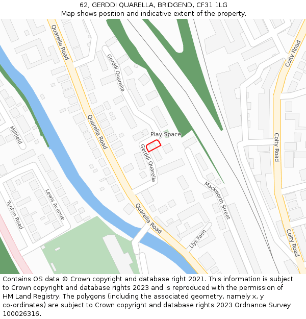62, GERDDI QUARELLA, BRIDGEND, CF31 1LG: Location map and indicative extent of plot