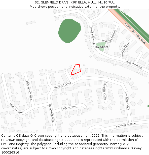 62, GLENFIELD DRIVE, KIRK ELLA, HULL, HU10 7UL: Location map and indicative extent of plot