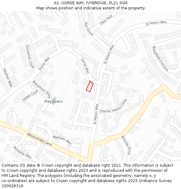 62, GORSE WAY, IVYBRIDGE, PL21 0GA: Location map and indicative extent of plot